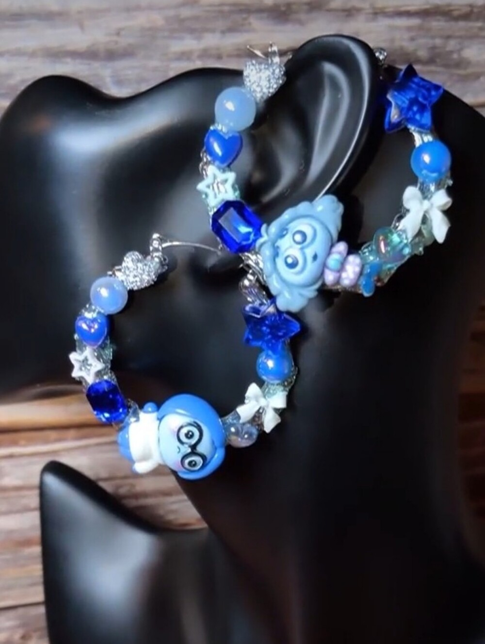 Hand Crafted Blue Cartoon Beaded Hoop Earrings